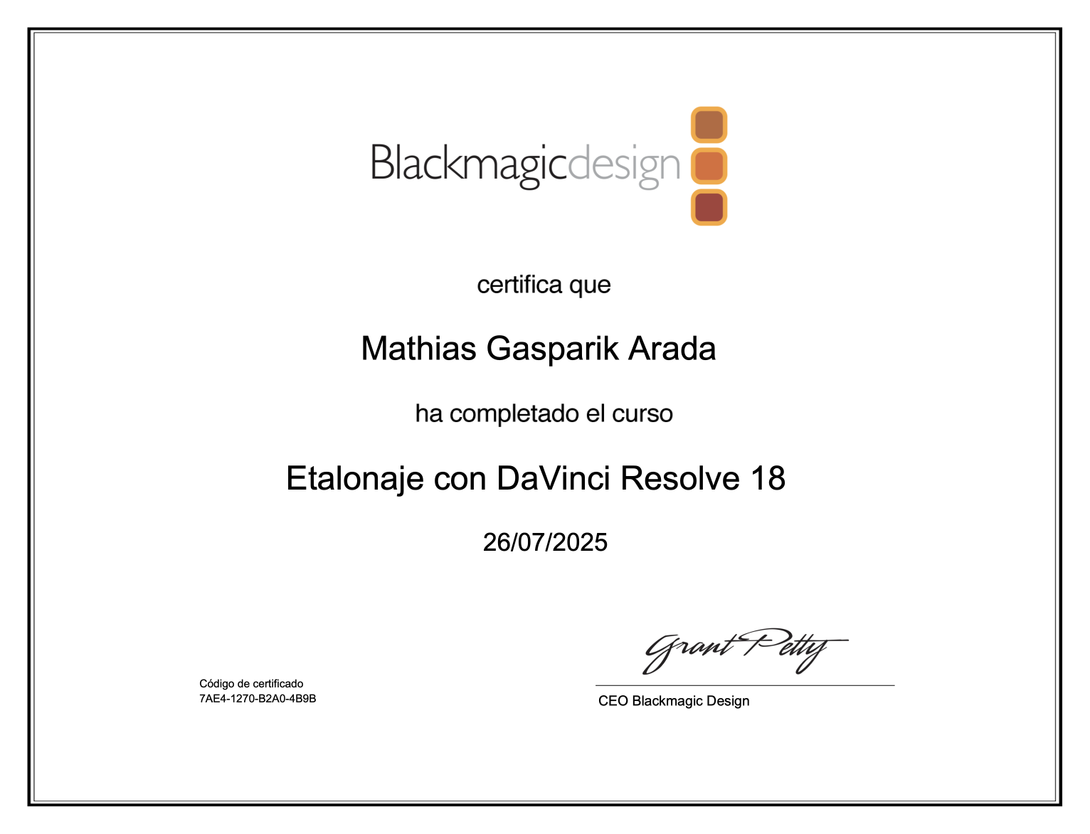 Certificado oficial de Blackmagic Design otorgado a Mathias Gasparik como Colorista en DaVinci Resolve 18
